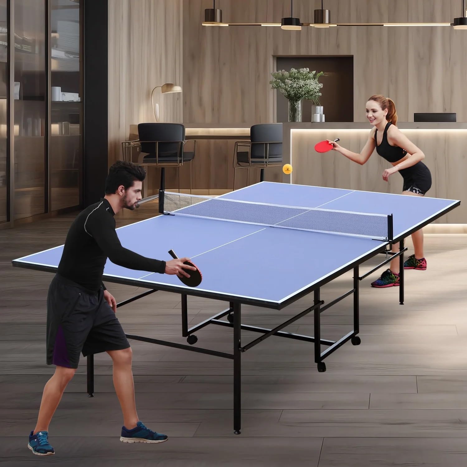 9FT Ping Pong Table Rolling Foldable Table Tennis Table for with Net, Table Tennis Paddles and Balls, Multi-Use Family Game Table for Teenager Adult, Folded with Single Player Playback Mode