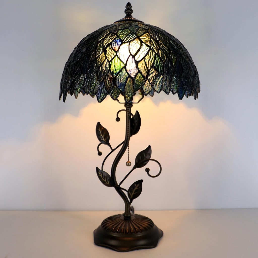 Tiffany Lamp Multicolor Leafage Style Stained Glass Table Lamp Desk Bedside Reading Light 12X12X19 Inches with Metal Leaf Base