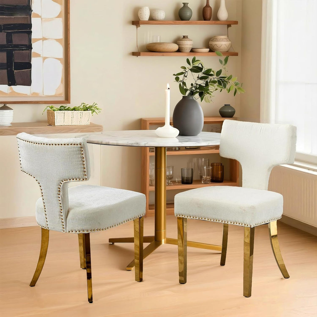 Dining Chair Set of 2 Linen Fabric Curved Backrest Farmhouse Mid Century Accent Upholstered Kitchen Chairs with Gold Legs and Foot Pad for Dining Room/Living Room/Restaurant,Beige
