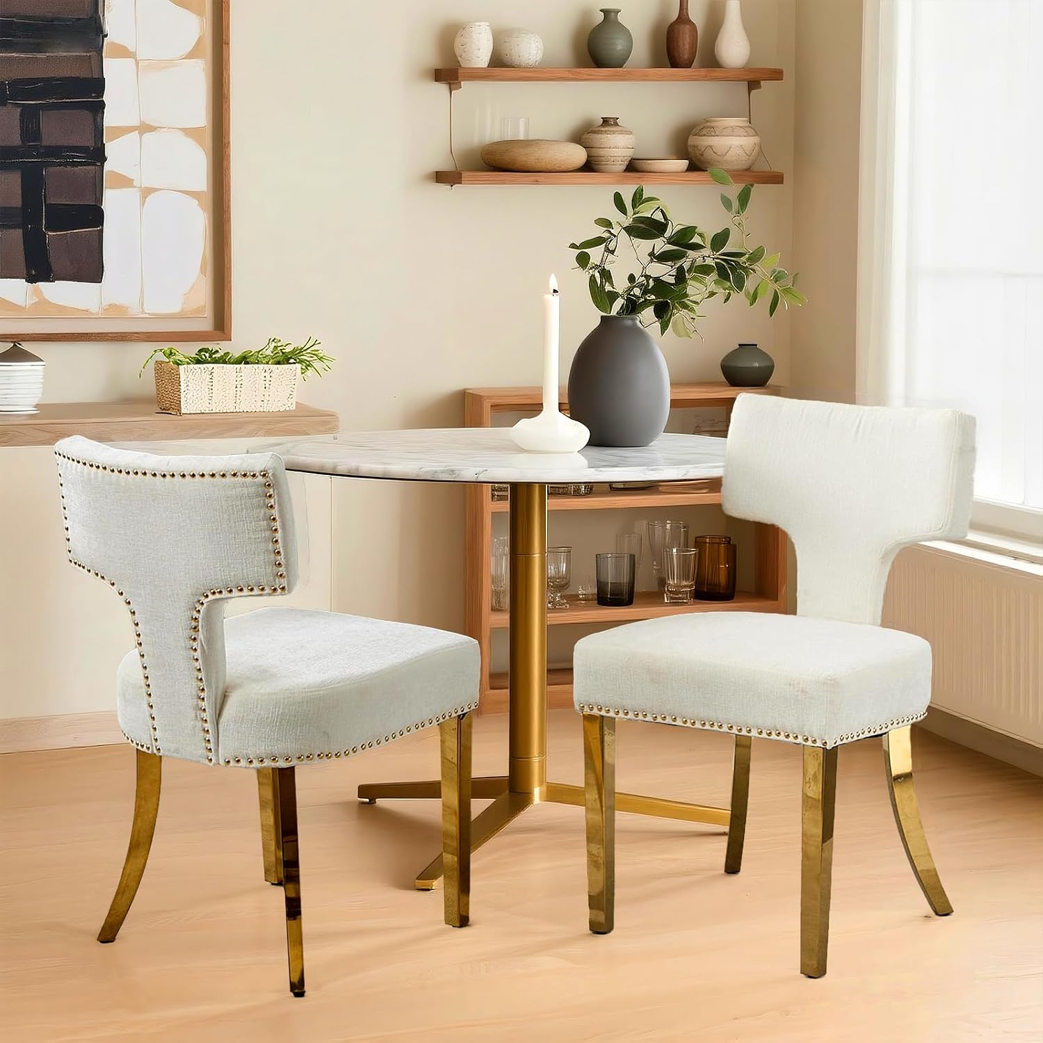 Dining Chair Set of 2 Linen Fabric Curved Backrest Farmhouse Mid Century Accent Upholstered Kitchen Chairs with Gold Legs and Foot Pad for Dining Room/Living Room/Restaurant,Beige