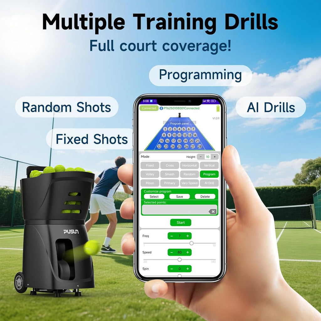 Tennis Ball Machine, Tennis Ball Launcher with App/Remote/iWatch Control, Max Speed of 75Mph, 1.8-8s/Ball, Multiple Training Modes(AI Drill/Programming/Random/Vary Speed) 4-6Hrs Battery Life