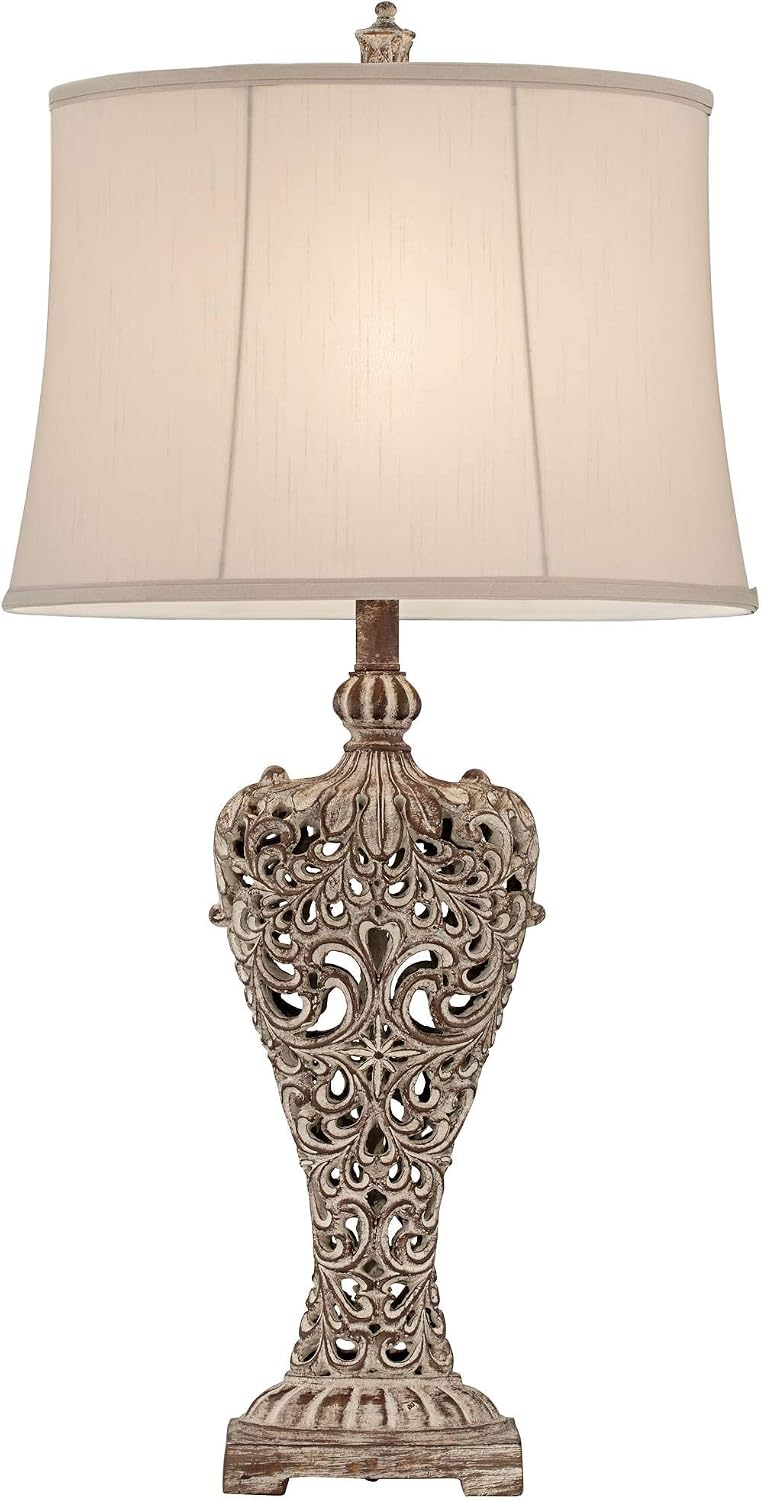 Regency Hill Elle Traditional Antique Table Lamp 33' Tall Classic Gold Open Scroll Bronze Off White Oval Shade Decor for Living Room Bedroom House Bedside Nightstand Home Entryway