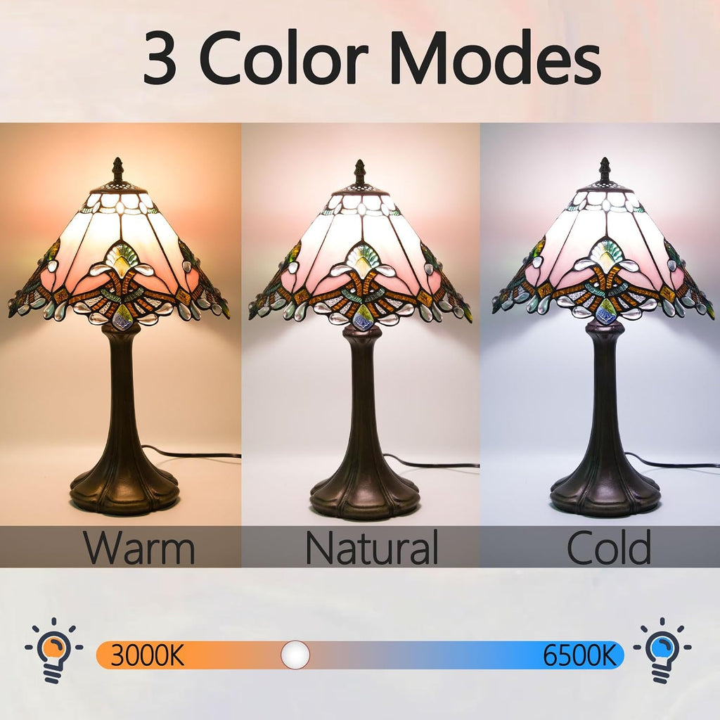12 Inch Baroque Style Tiffany Table Lamp, Vintage Stained Glass Desk Lamp with Remote Control, 3 Color Temperature & Brightness Level for Office Home Bedroom Living (Pink)