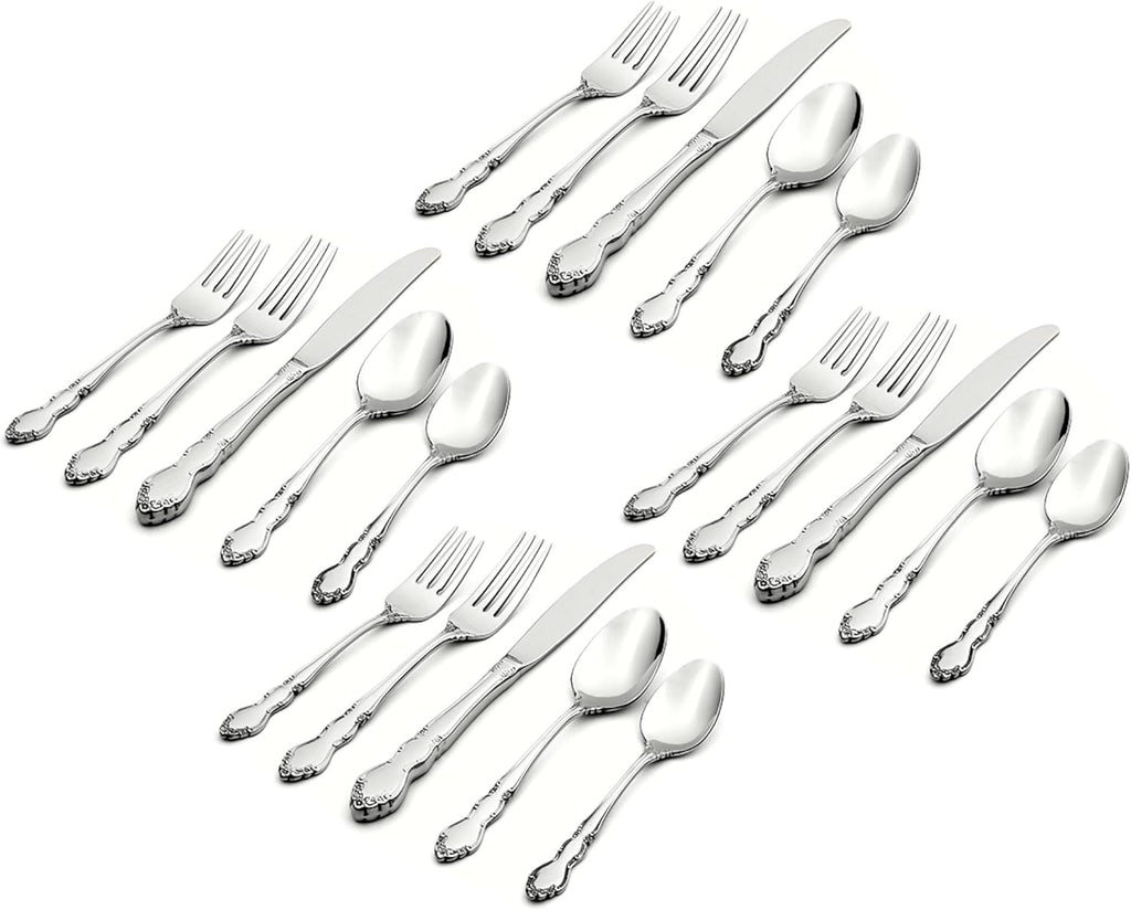 Oneida Silverware Set, Dover 20 Piece Fine Flatware Set, Service For 4, 18/10 Stainless Steel, Mirror Finish, Dishwasher Safe, Knives Spoons And Forks, Home And Kitchen Utensils Set(Silver, 20 Pieces)