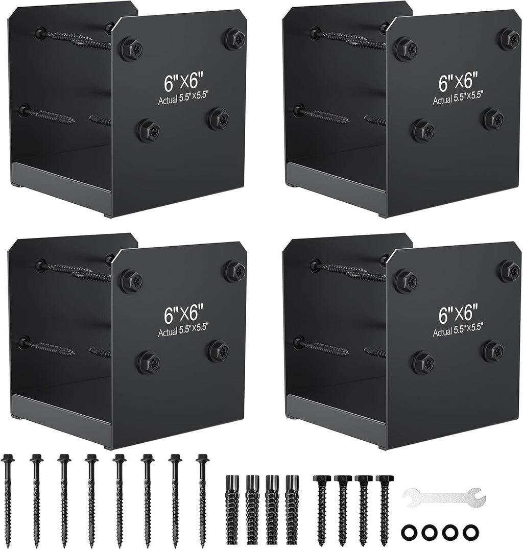 FMhotu 6x6 Stainless Steel Post Base,Internal 5.5 x 5.5 Anchor Bracket,Deck Concrete Support Anchor for Deck Railing, Fences, Mailboxes (4Pcs Black)