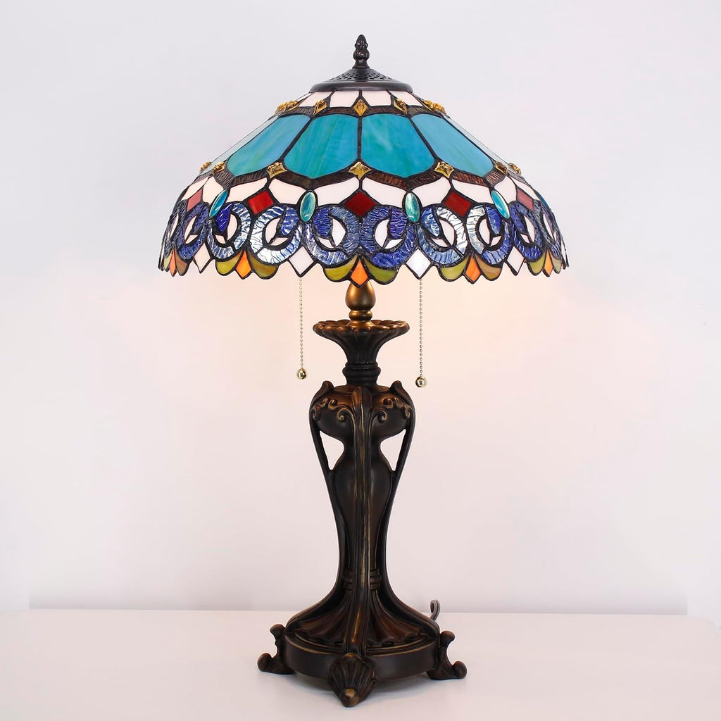 Tiffany Lamp(2 Lights) Stained Glass Table Lamp Bedside Desk Reading Light 16X16X24 Inch Decor Bedroom Living Room Home Office (Blue Baroque)