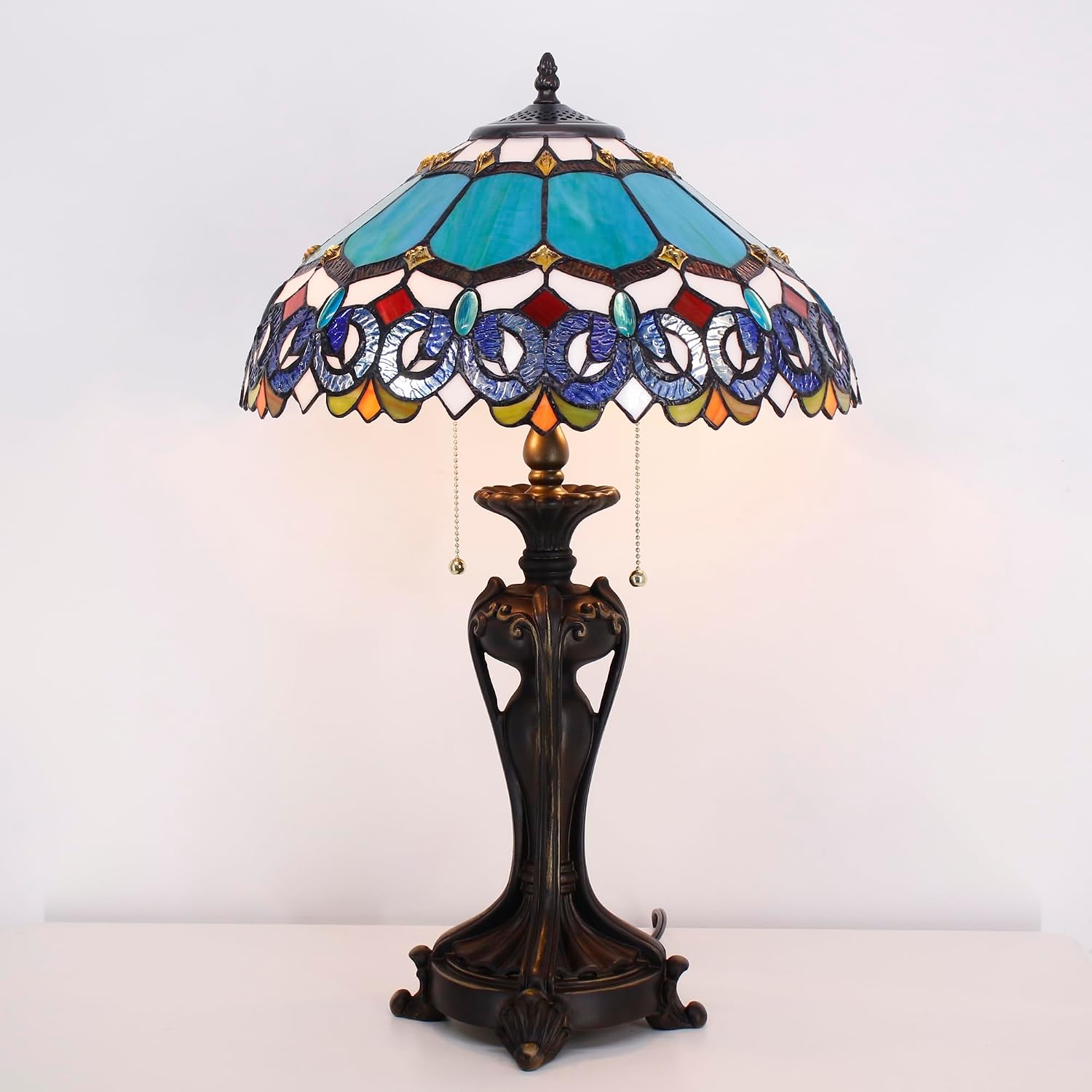 Tiffany Lamp(2 Lights) Stained Glass Table Lamp Bedside Desk Reading Light 16X16X24 Inch Decor Bedroom Living Room Home Office (Blue Baroque)