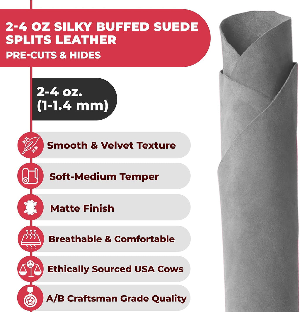 ELW Premium Suede Cowhide 2-4 oz (1-1.6mm) - Soft Full Grain Pre-Cut Side Leather - (1-3 SQ FT 4 PCS,Light Grey) - USA Made Silky Buffed Suede Fabric Leather for Car Upholstery, Garments, Furniture