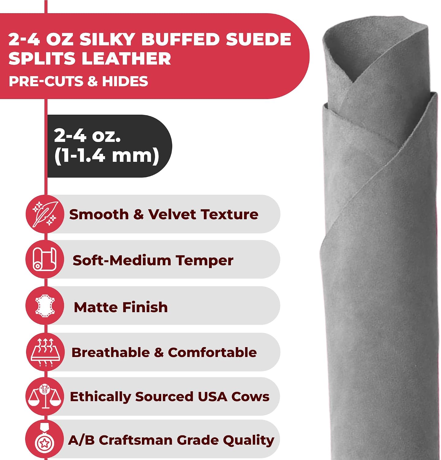 ELW Premium Suede Cowhide 2-4 oz (1-1.6mm) - Soft Full Grain Pre-Cut Side Leather - (2-4 SQ FT 2 PCS,Light Grey) - USA Made Silky Buffed Suede Fabric Leather for Car Upholstery, Garments, Furniture