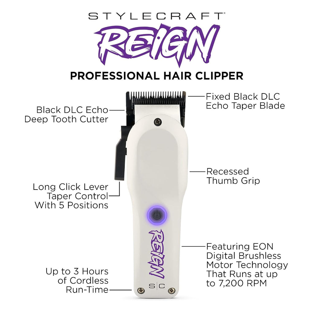 Stylecraft Reign Professional Hair Clipper, Hair Trimmer with Brushless Motor, USB-C Rechargeable, Designed by Barbers for Precision Beard and Hair Grooming