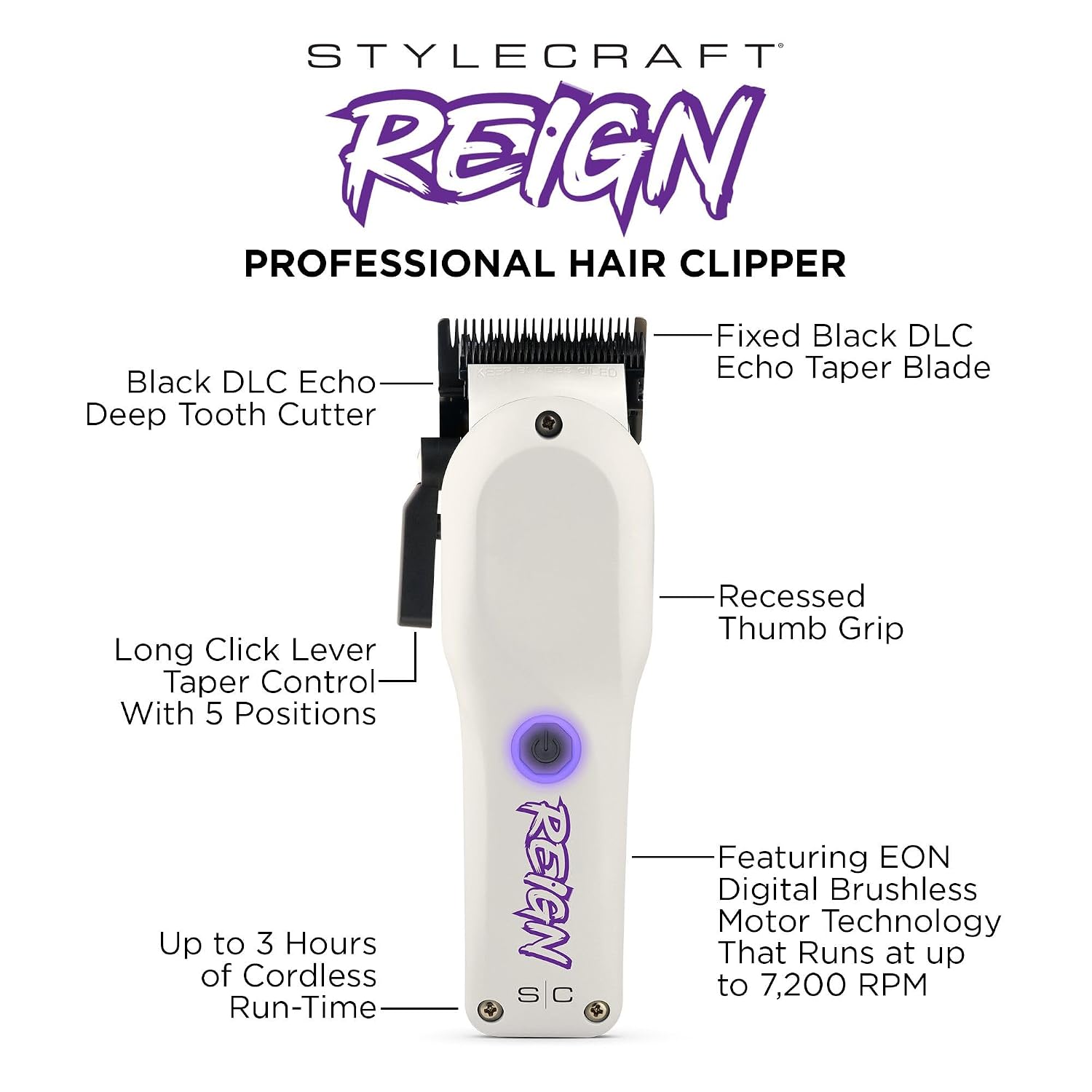 Stylecraft Reign Professional Hair Clipper, Hair Trimmer with Brushless Motor, USB-C Rechargeable, Designed by Barbers for Precision Beard and Hair Grooming