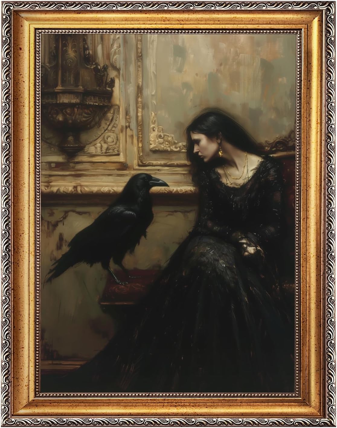 Licpach Retro Gold Frame Wall Art Vintage Gothic Woman Raven Dark Academia Decor Canvas Print Moody Victorian Portrait Painting Horror Aesthetic Artwork Witchy Poster for Bedroom Bathroom 24x36inch