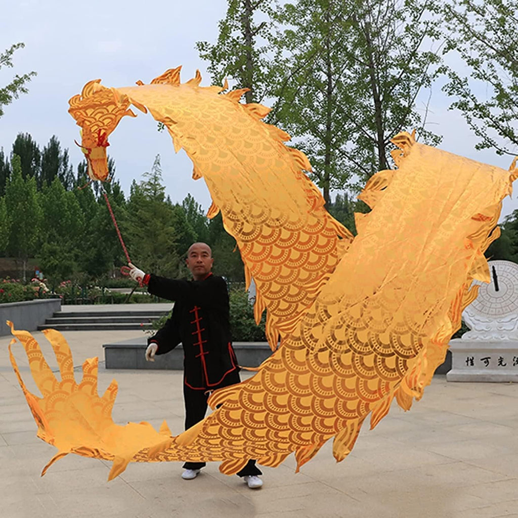 NOLLAM Outdoor 3D Colorful Dragon Dance Ribbon Streamer 75cm/29.5 in Chinese Silk Flowy Spinning & Shaking Poi for Outdoor Fitness Exercise Wu Long, 0.4KG, Gold