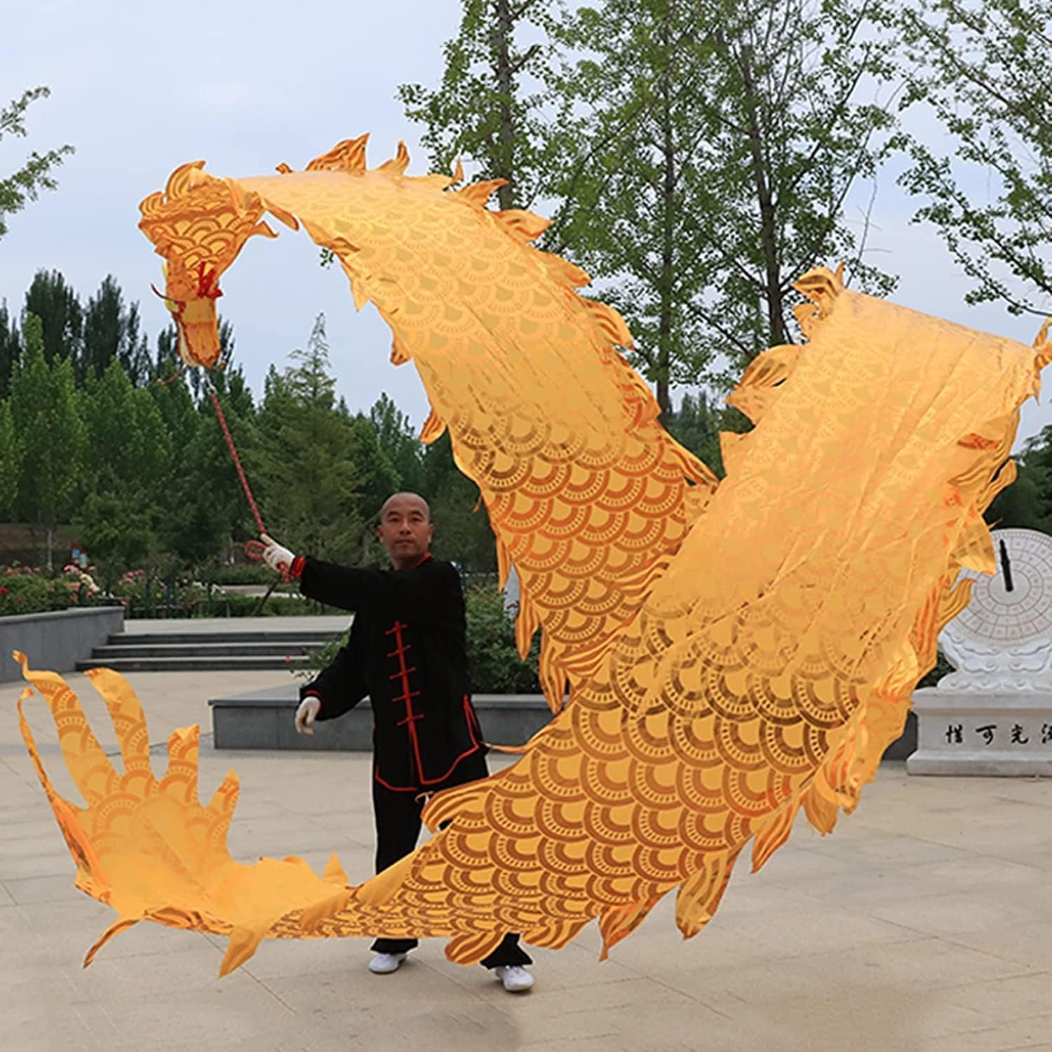 NOLLAM Outdoor 3D Colorful Dragon Dance Ribbon Streamer 75cm/29.5 in Chinese Silk Flowy Spinning & Shaking Poi for Outdoor Fitness Exercise Wu Long, 0.4KG, Gold