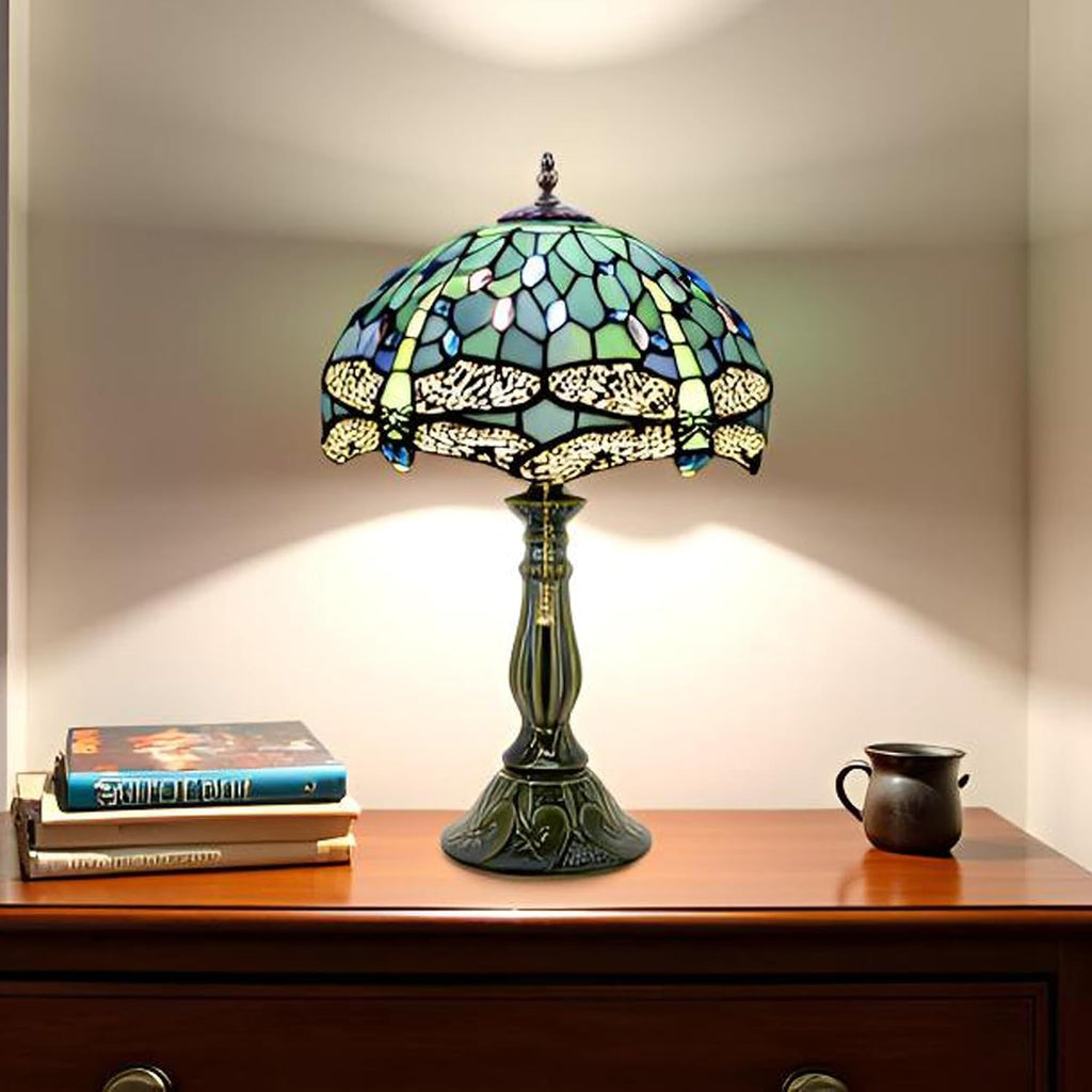 Tiffany Lamp Stained Glass Table Lamps Sea Blue Dragonfly Style Desk Lamp 12X12X18.5 Inch Bronze Ceramic Base Reading Light Suitable for Bedside Bedroom Living Room Dining Room Office