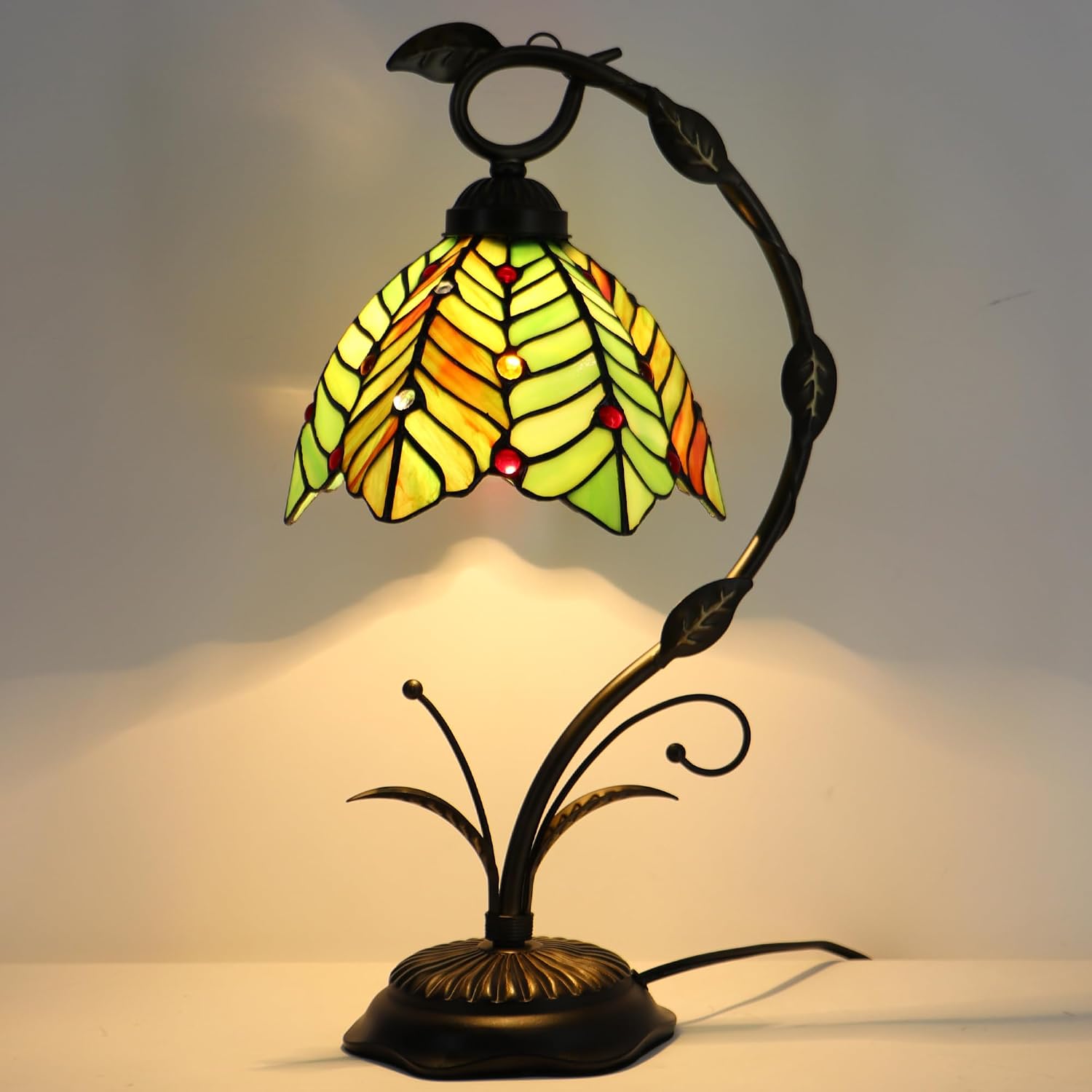 Tiffany Table Lamp, Stained Glass Desk Reading Light, 8X10X19 Inches, Metal Leaf Base (Brown Green Leaf)
