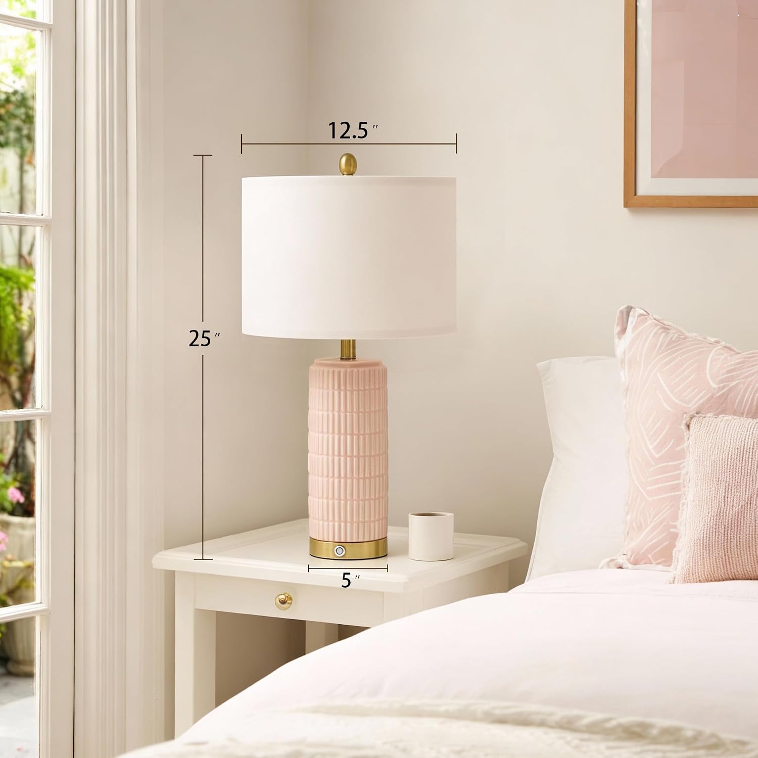 PoKat 25'' Table Lamps Set of 2 for Bedroom with 3-Way Dimmable Touch Control, Bedside Lamps with USB A+C Ports for Living Room, Modern Ceramic Pink Lamps for Kids Girls Decor (2 Bulbs Included)