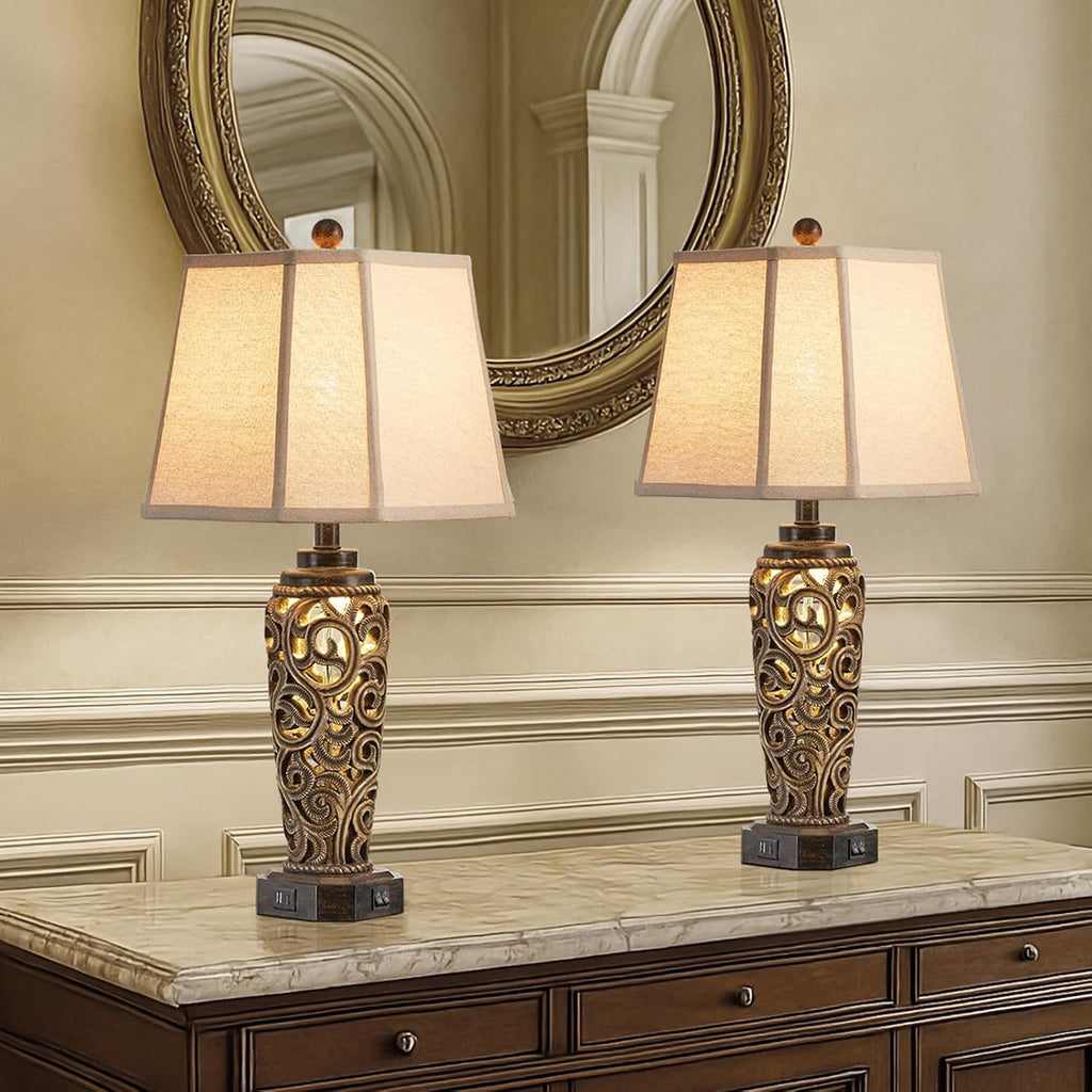 AIEAMPDO 27' Set of 2 Farmhouse Table Lamps for Living Room with USB A+C Ports, Vintage Nightstand Bedroom Lamp and Nightlight, Hollow Out Resin Desk Lamps, 2 Bulbs Include