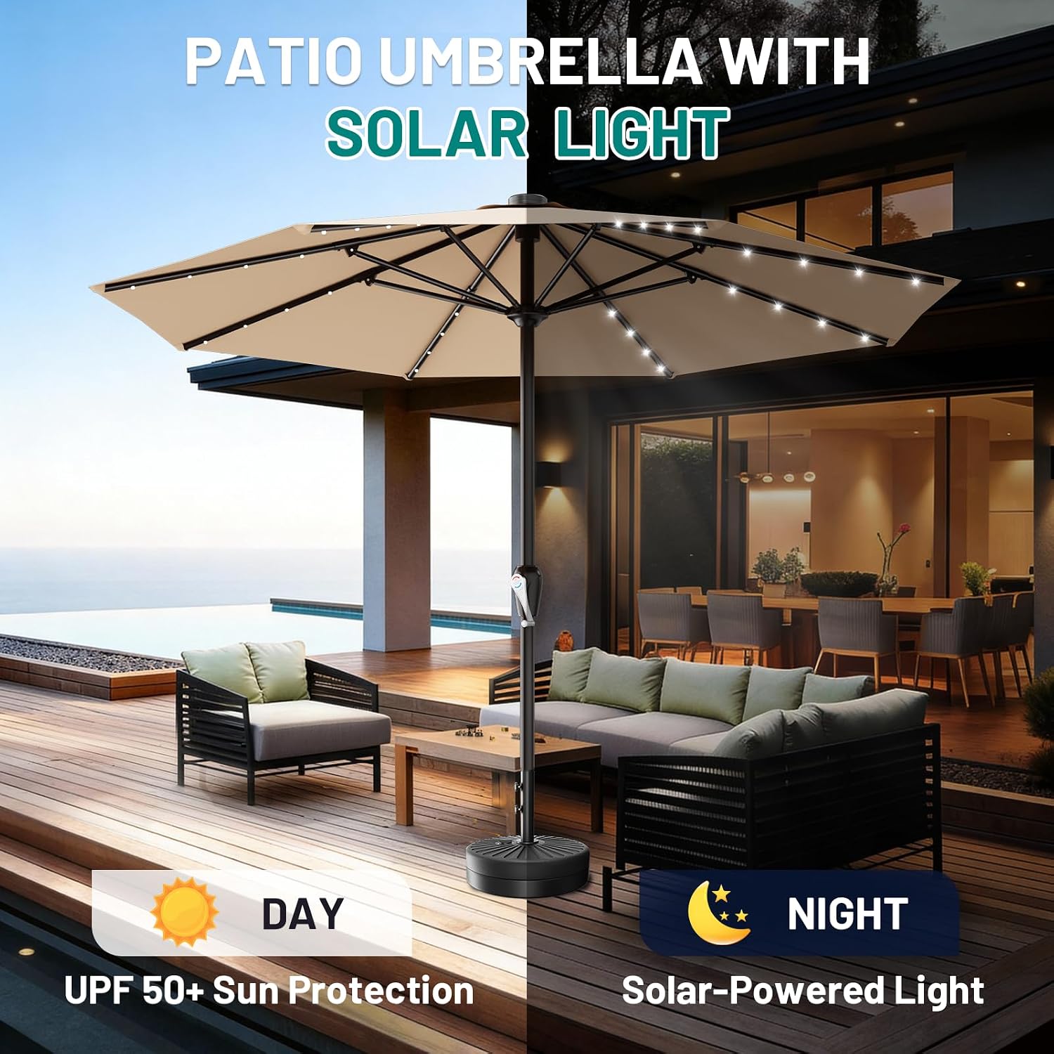 AreShark 12FT Large Patio Umbrella with Solar Lights, Solar Powered Outdoor Umbrella with Crank, Patio Table Market Umbrellas for Garden, Deck, Backyard, Pool and Beach, Beige