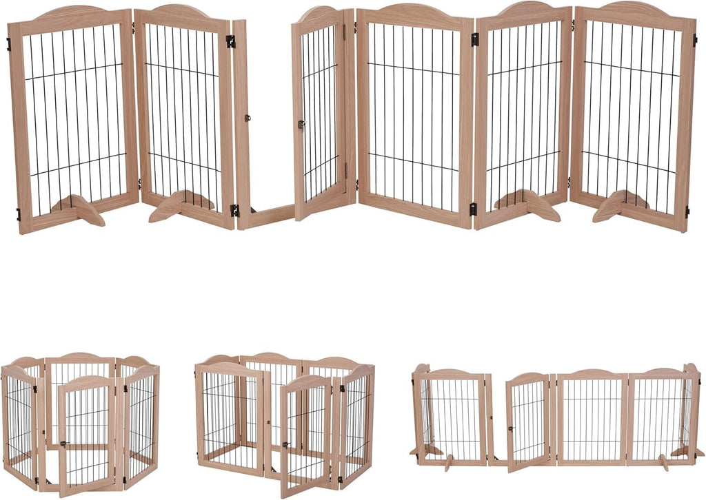 Arf Pets Freestanding Dog Gate with Door, 6 Panel 360° configurable Wooden Wire Fence, 132' Wide, 31.5' Tall, Foldable, Five Support Feet Included, for The House - Indoor Use