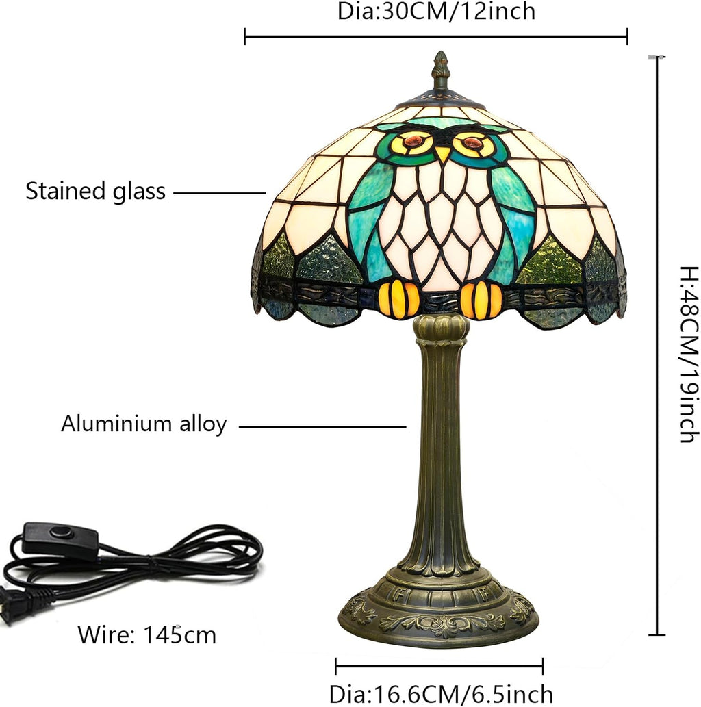 Tiffany Lamp Owl Animal Style Stained Glass Table Lamp Vintage Bedroom Bedside Light for Home Dorm Office Art Craft Antique Decor Accent Aesthetic Nightstand Reading Light 12x12x19 Inches