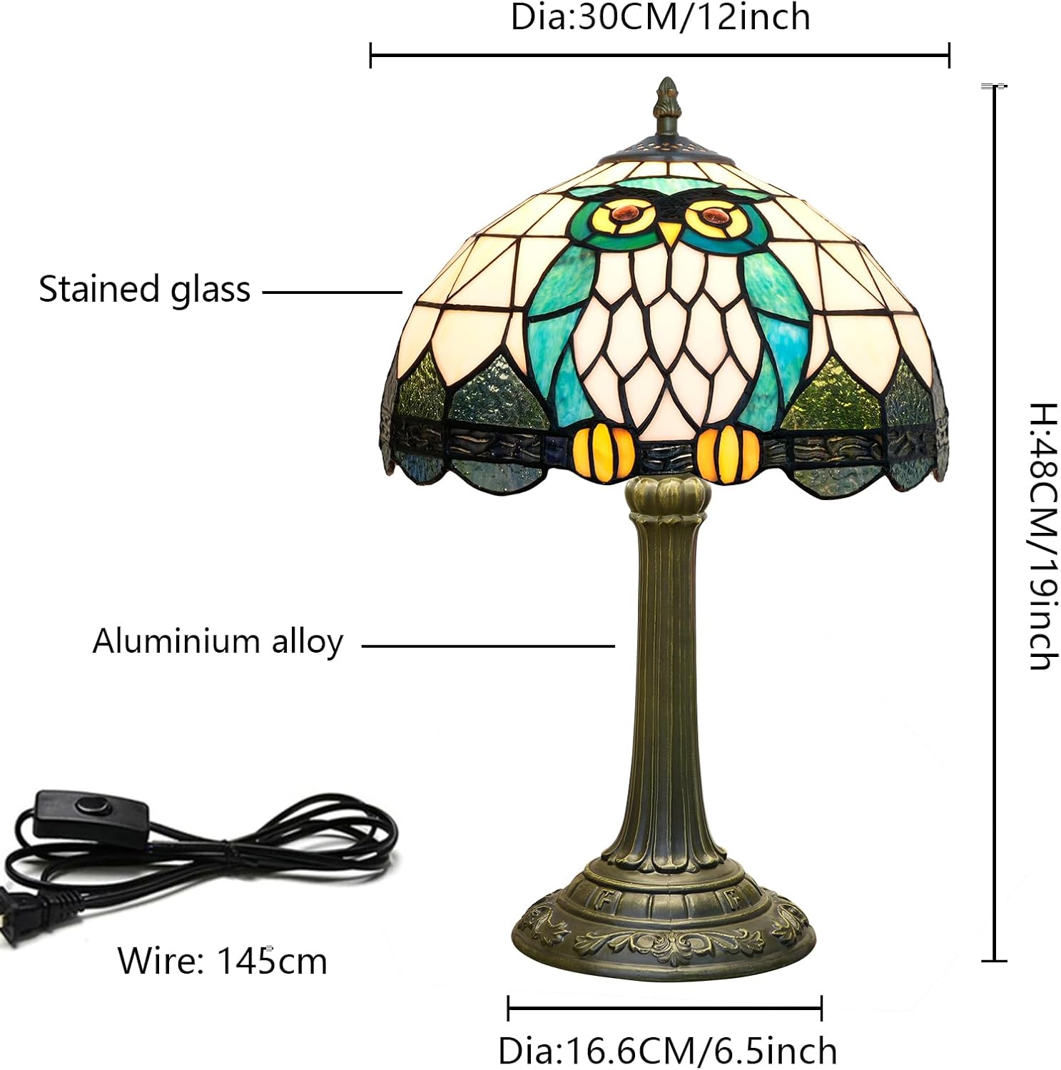 Tiffany Lamp Owl Animal Style Stained Glass Table Lamp Vintage Bedroom Bedside Light for Home Dorm Office Art Craft Antique Decor Accent Aesthetic Nightstand Reading Light 12x12x19 Inches