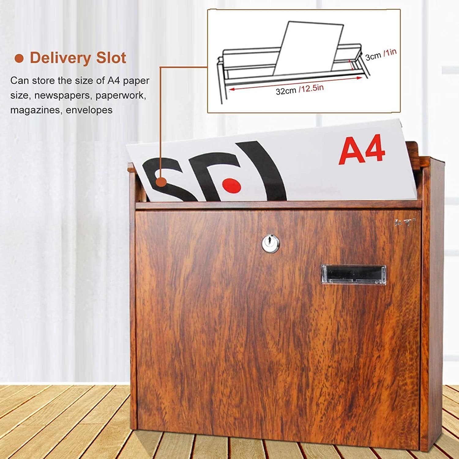 Exquisite Mailbox Simple Mailbox Metal Post Box Rectangular Drop Box Creative Wooden Texture Parcel Box with 2 Keys and Lock Suggestion Box Safer