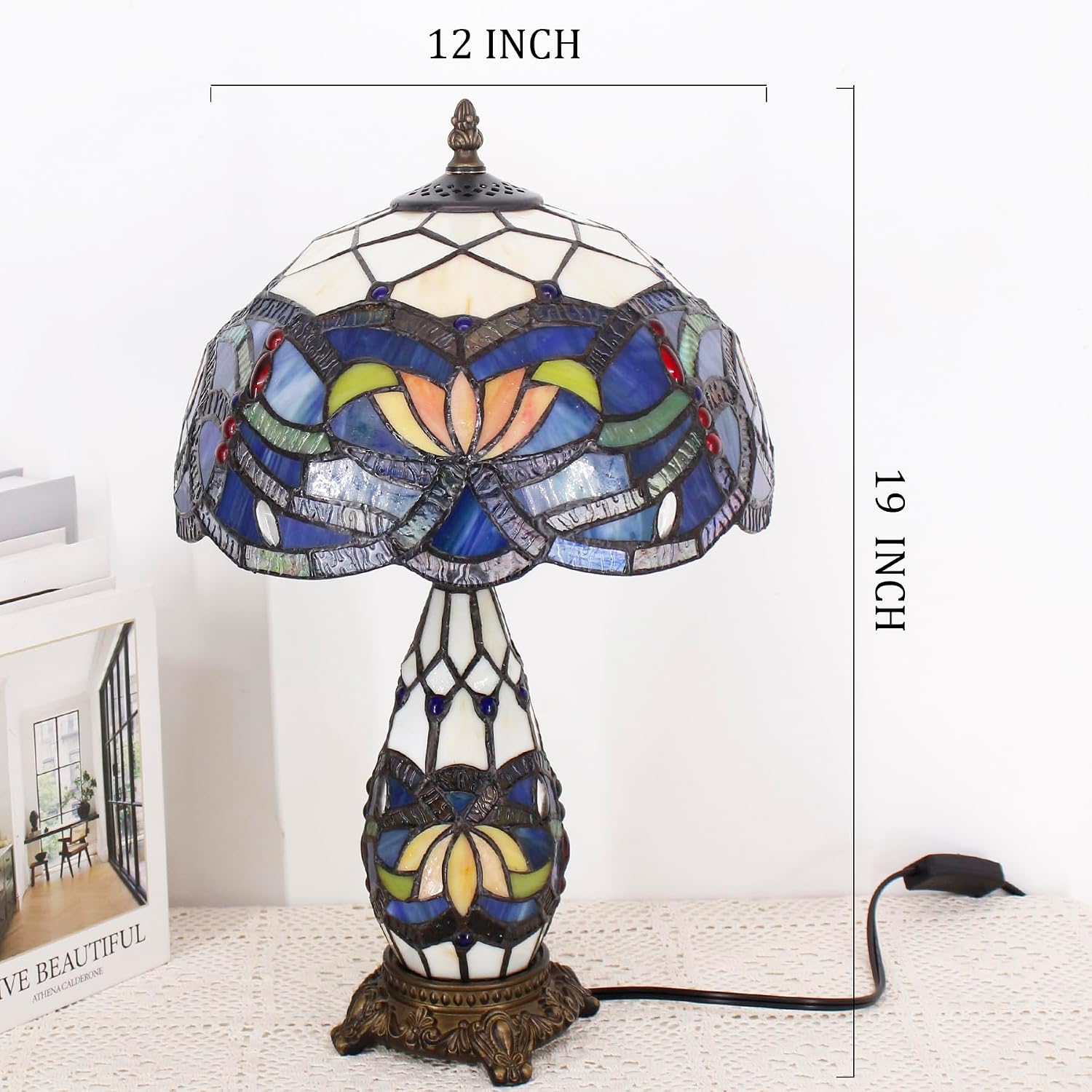 Tiffany Lamp Stained Glass Table Lamp 12X19 Inches Mother Daughter Vase Desk Accent Night Light for Bedroom Bedside Reading Home Antique Style (Blue Lotus)