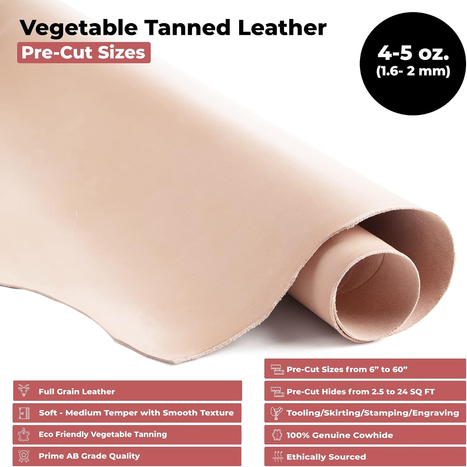 ELW Full Grain Cowhide Leather 4-5 oz [1.6-2mm] Thickness in Pre-Cut Size: 8-10 SQ FT, AB Grade Hide Vegetable Tanned Leather Using for Tooling, Carving, Molding, Dyeing Material for Craft, Hobby