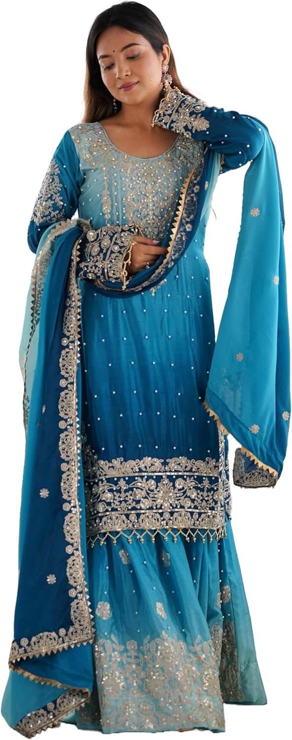 Indian Women's Chinon Silk Fabric Coding Dori Sequence with Rivet Moti Work ShararaSuit 13142