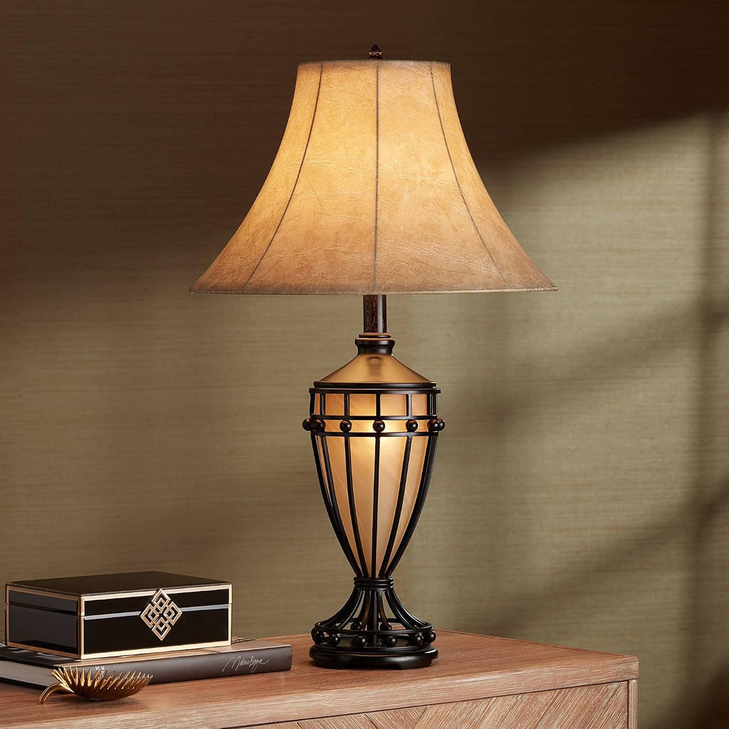 Franklin Iron Works Cardiff Traditional Rustic Urn-Shaped Table Lamps 33' Tall Set of 2 with Nightlight Brushed Iron Cage Champagne Glass Beige Fabric Bell Shade for Living Room Bedroom House