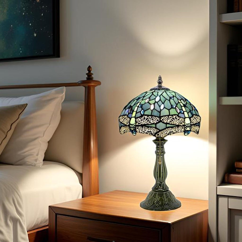 Tiffany Lamp Stained Glass Table Lamps Sea Blue Dragonfly Style Desk Lamp 12X12X18.5 Inch Bronze Ceramic Base Reading Light Suitable for Bedside Bedroom Living Room Dining Room Office