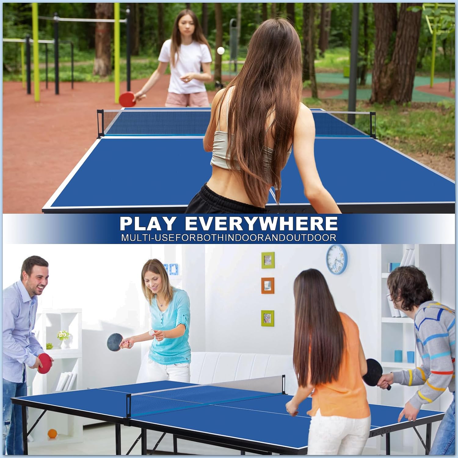 Portable Ping Pong Table, Foldable Indoor Table Tennis Tables Game, Folding Indoor Table Tennis w/ 2 Paddles, 2 Balls and Net for Adults/Teens, Quick Assembly