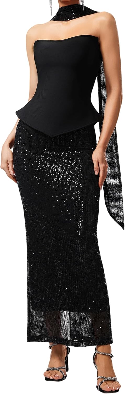 Black Strapless Sleeveless Halter Streamer Two Piece Skirt Set for Women Elegant Cocktail Maxi Sequin Skirt and Top Set