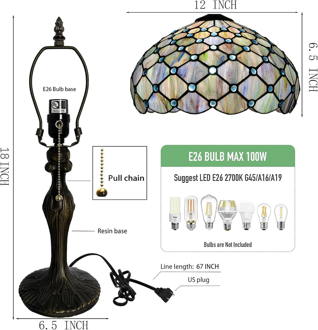 Tiffany Lamp Stained Glass Table Lamp 12' x 19' Blue Beads Style Decorative Lamp Bedside Reading Lamp for Desk Living Room Bedroom Office Study Light Home Decor Gift