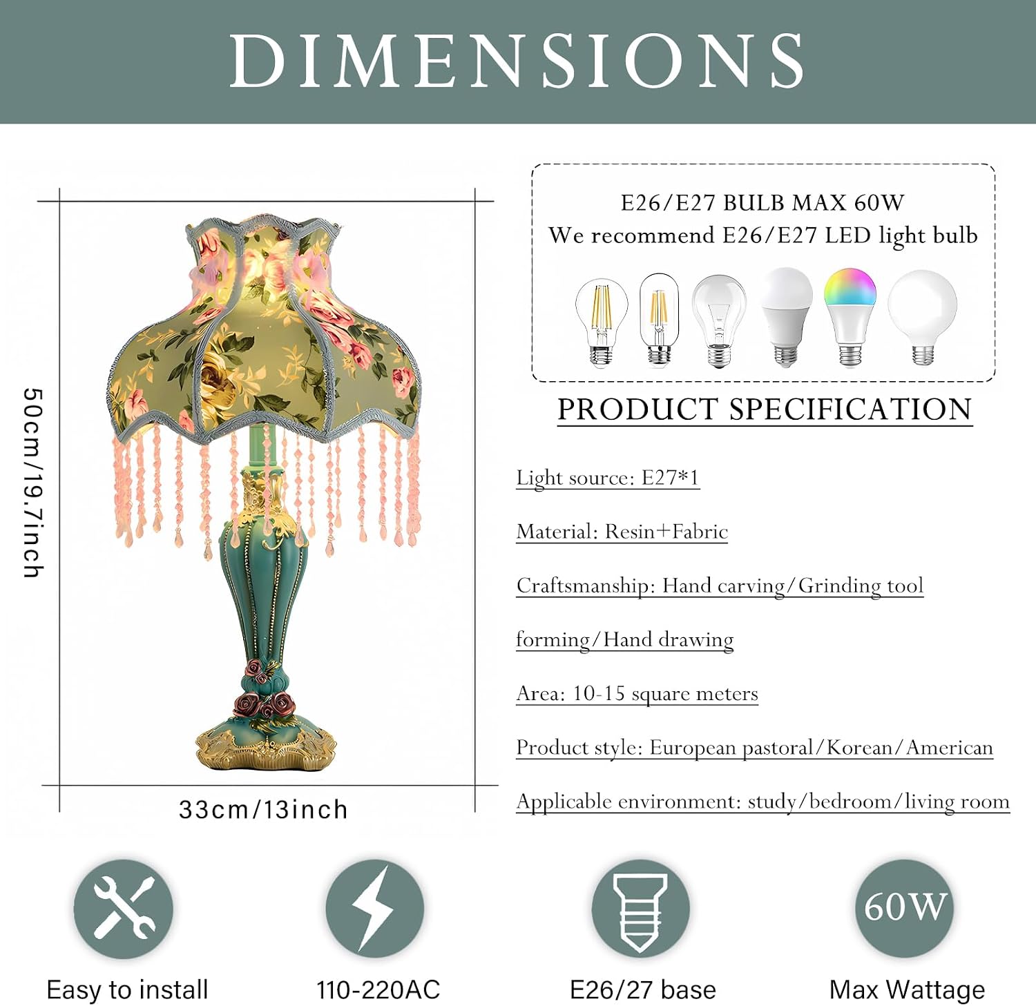Green Victorian Table Lamp European Style Fabric Desk Lamps with Fringe Beaded Lampshade Painted Resin Base Handmade Vintage Flower Bedside Night Light for Bedroom Living Room Office