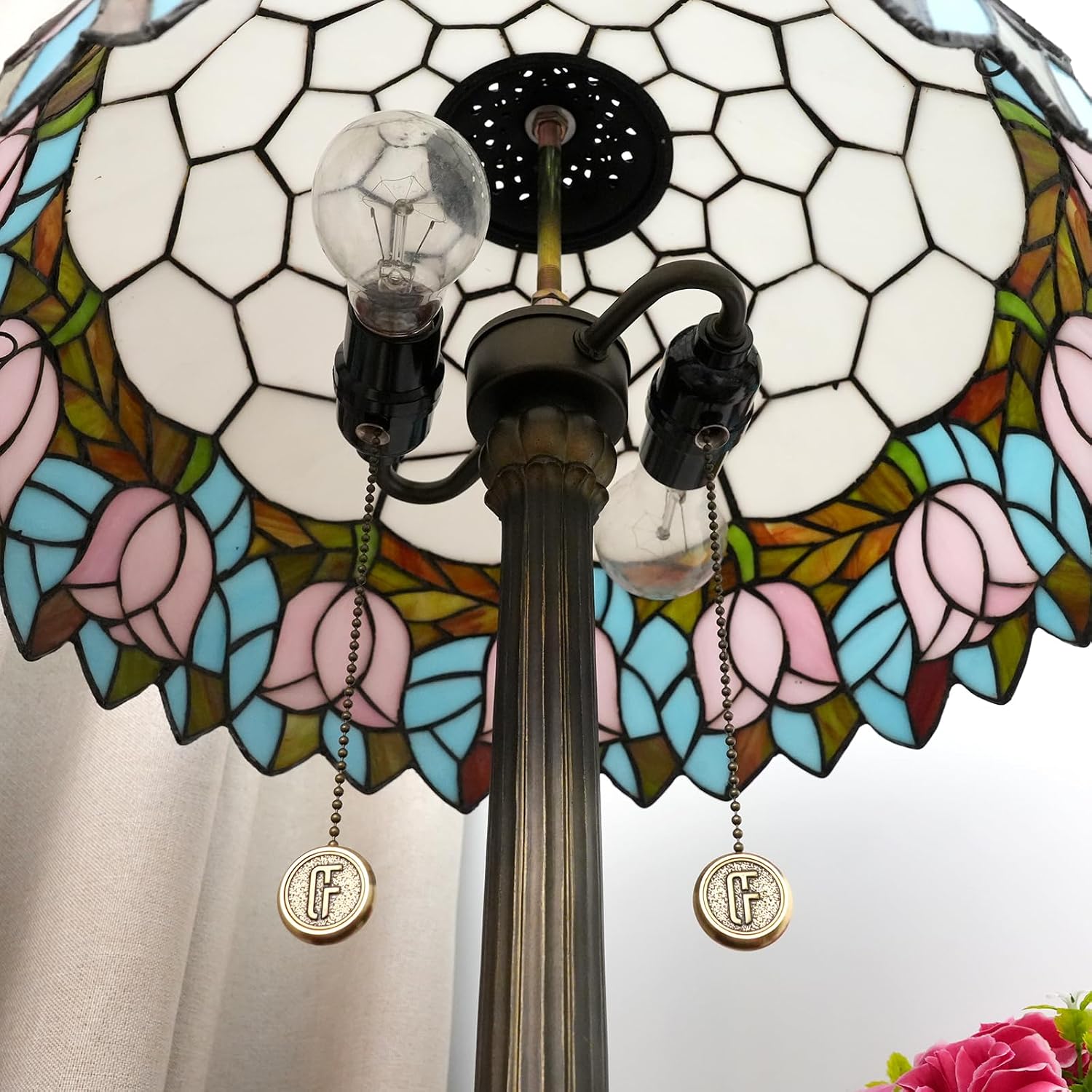 Tiffany Table Lamp 16 inch Pink Tulip Tiffany Style Stained Glass Lamp for Living Room Dining Room Antique Bedside Light Decor for Home Office