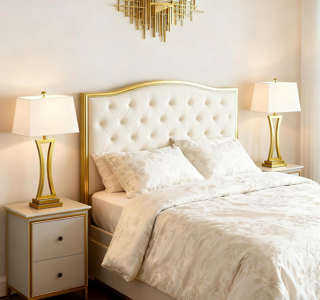 Maxax Contemporary Table Lamps Set of 2, Brass Gold 30.75'' Tall Metal Bedside Lamps with White Rectangular Shade, 3 Way Dimmable Large Nightstand Lamp for Living Room Bedroom for Home Office Entryway