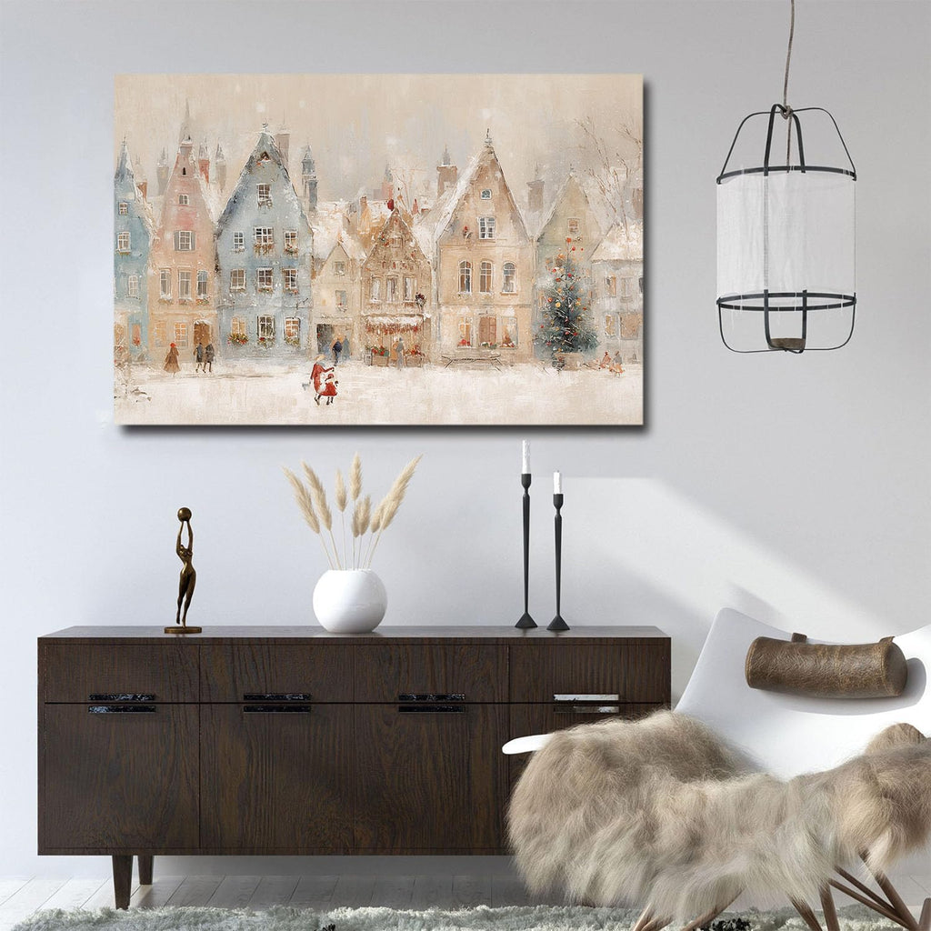 Winter village wall art print, European Christmas town oil painting, Christmas illustration, snowy holiday street scene, rural scenery, nursery wall decor 28x40in Wood Framed