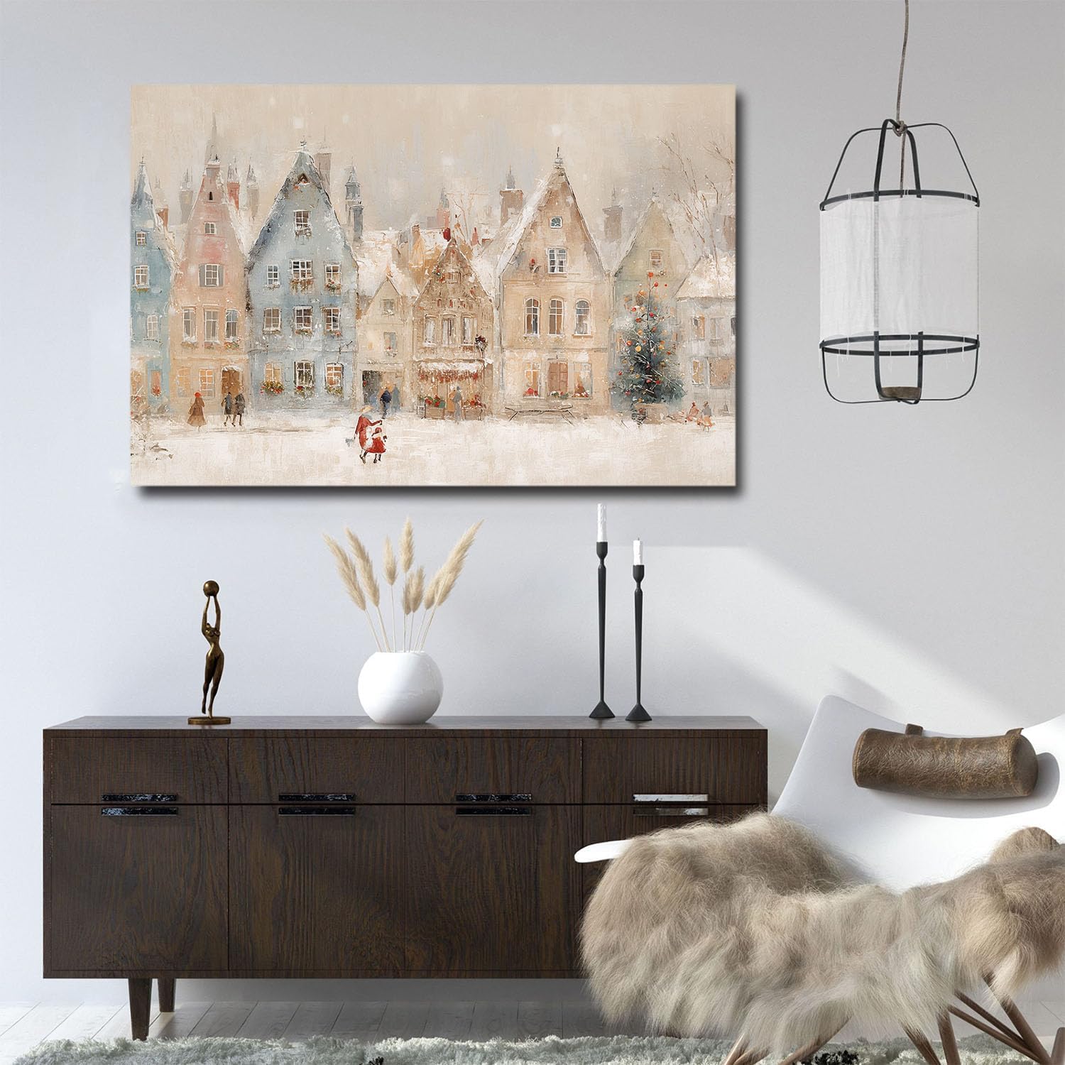 Winter village wall art print, European Christmas town oil painting, Christmas illustration, snowy holiday street scene, rural scenery, nursery wall decor 28x40in Wood Framed