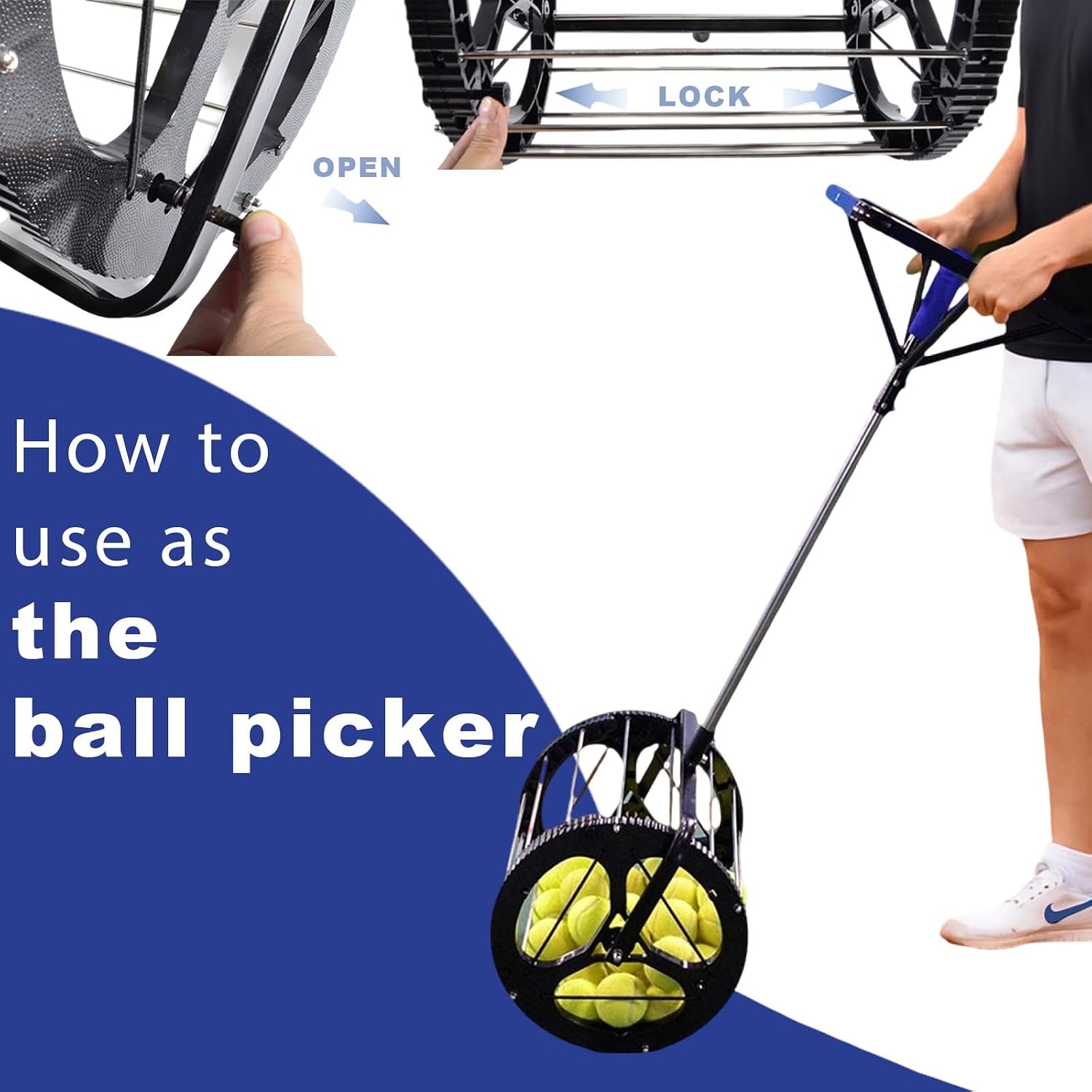 Multi-Functional Tennis Ball Picker with 36 – Tennis Ball Storage Basket & Ball Launcher, Ideal for Beginners, Holds 80 Balls, Quick Setup