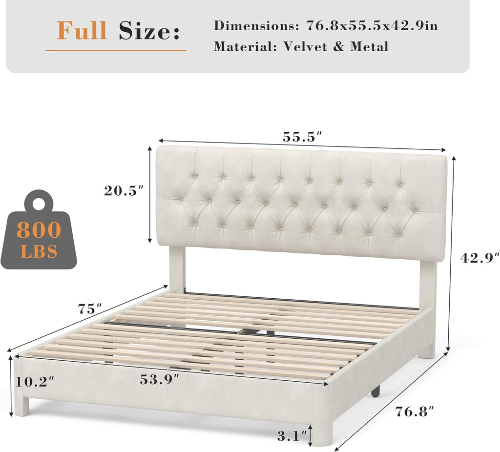 Vipbear Full Bed Frame with Button Tufted Headboard, Velvet Fabric Upholstered Platform Bed, Wooden Slats Support, Adjustable Headboard, Noise Free, Easy Assembly, No Box Spring Needed, Beige