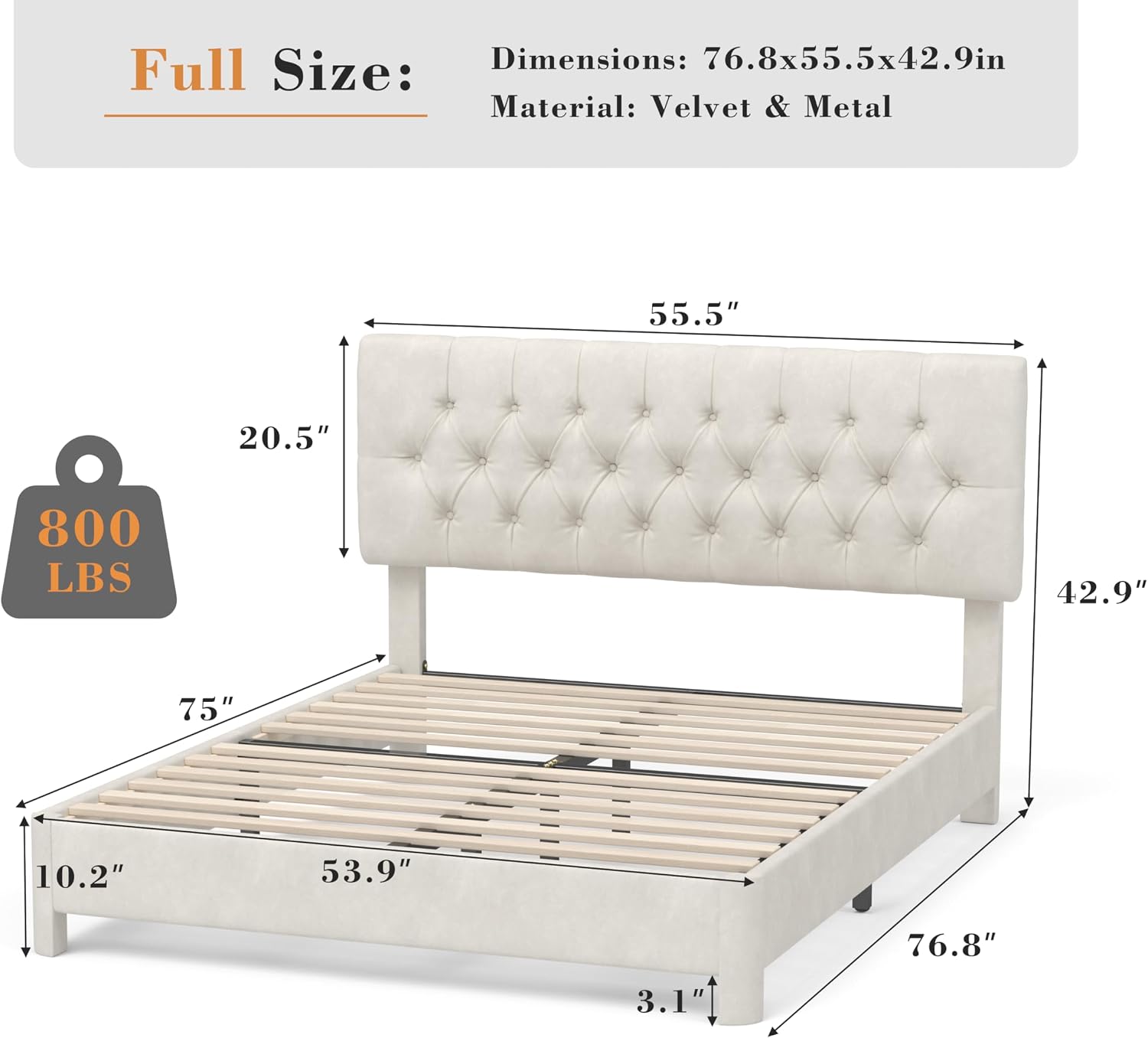 Vipbear Full Bed Frame with Button Tufted Headboard, Velvet Fabric Upholstered Platform Bed, Wooden Slats Support, Adjustable Headboard, Noise Free, Easy Assembly, No Box Spring Needed, Beige