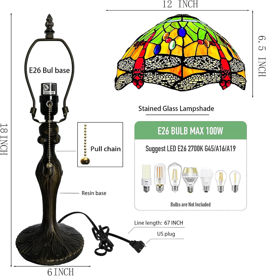 Tiffany Table Stained Glass Table Lamp 12 x 19' Bedside Reading Lamp Yellow Dragonfly Style Decorative Lamp for Desk Living Room Bedroom Office Study Light Decor Gift