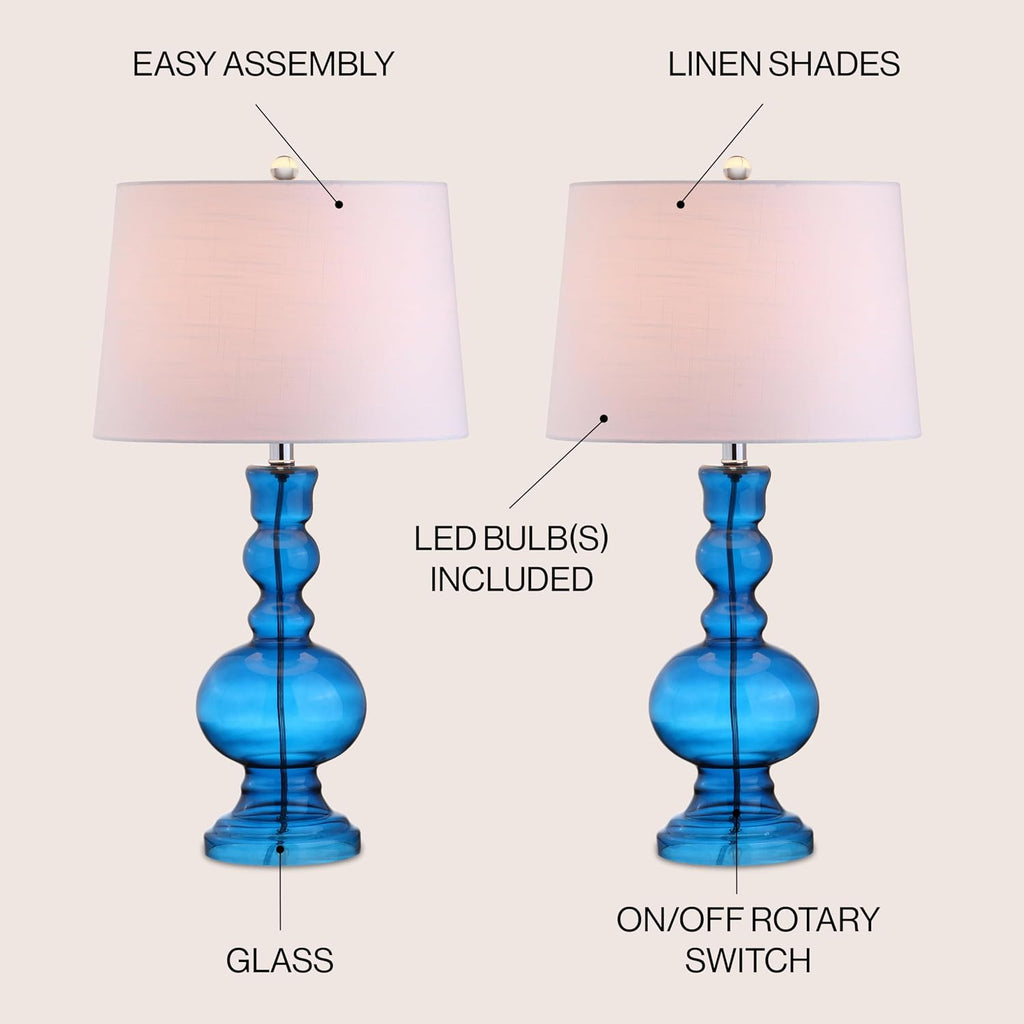 JONATHAN Y 28.5' Night Blue Glass Table Lamp Set of 2 for Living Room Bedroom Decor, Modern Bedside Lamps with White Linen Shade, LED Bulbs Included (JYL1061C-SET2)