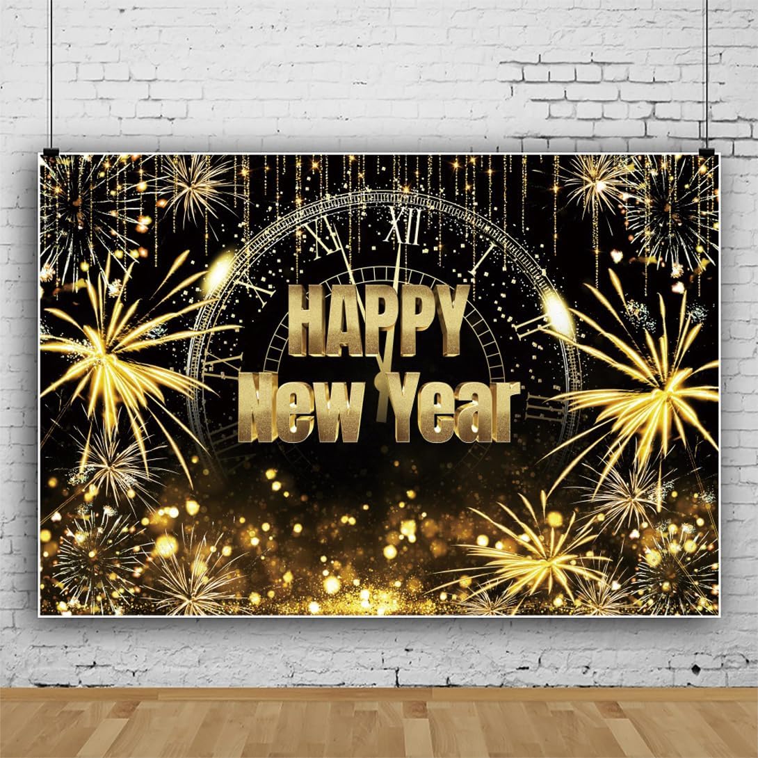 Glitter Happy New Year 2025 Photo Backdrop 20x10ft Black Gold Banner Clock Countdown to New Year Background Gold Fireworks Light Spots Streamer Winter Family Party Portrait Supplies Props