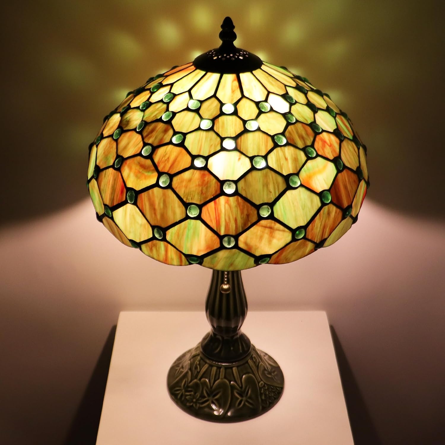 Tiffany Lamp Stained Glass Table Lamps Brownish Green Pearl Style Desk Lamp 12X12X18.5 Inch Bronze Ceramic Base Reading Light Suitable for Bedside Bedroom Living Room Dining Room Office