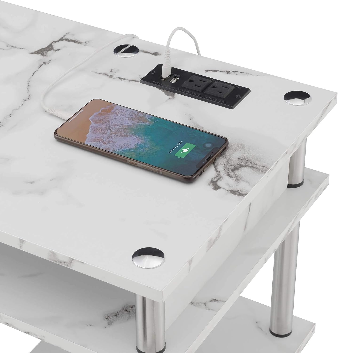 Convenience Concepts Designs2Go No Tools Student Desk with Charging Station and Shelves, White Marble