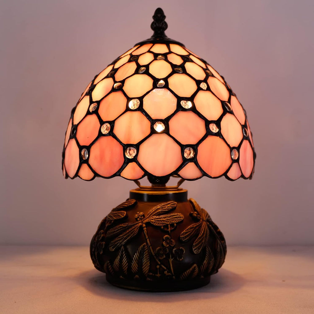 WERFACTORY Small Tiffany Lamp Desk Pink Stained Glass Pearl Bead Mushroom Table Lamp Bronze Mini Accent Lamp W8H11 Inch S005P Series