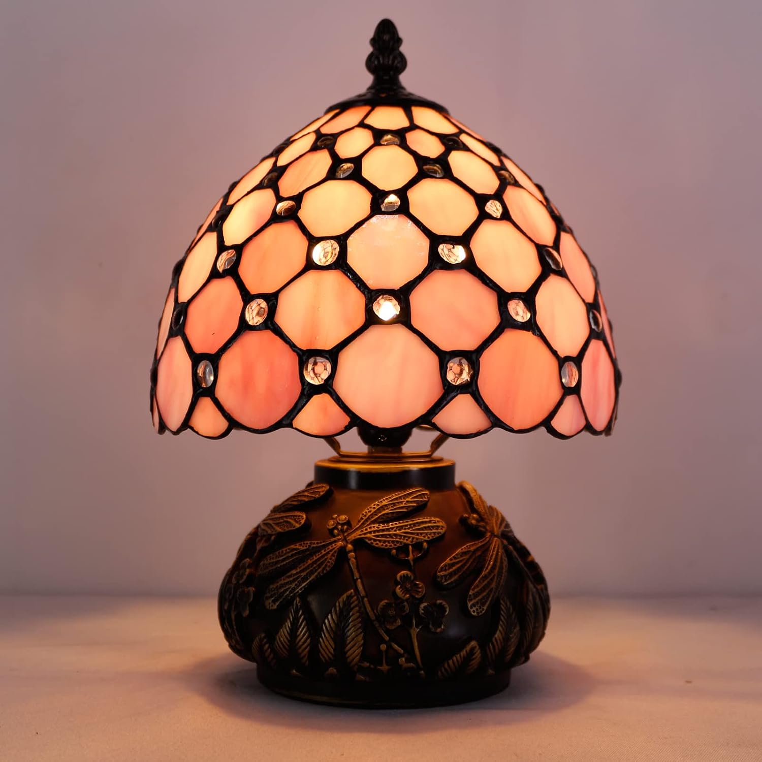 WERFACTORY Small Tiffany Lamp Desk Pink Stained Glass Pearl Bead Mushroom Table Lamp Bronze Mini Accent Lamp W8H11 Inch S005P Series